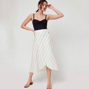 Aritzia Wilfred Eleta Midi Skirt Size Medium 100% Linen True Wrap Cream Striped